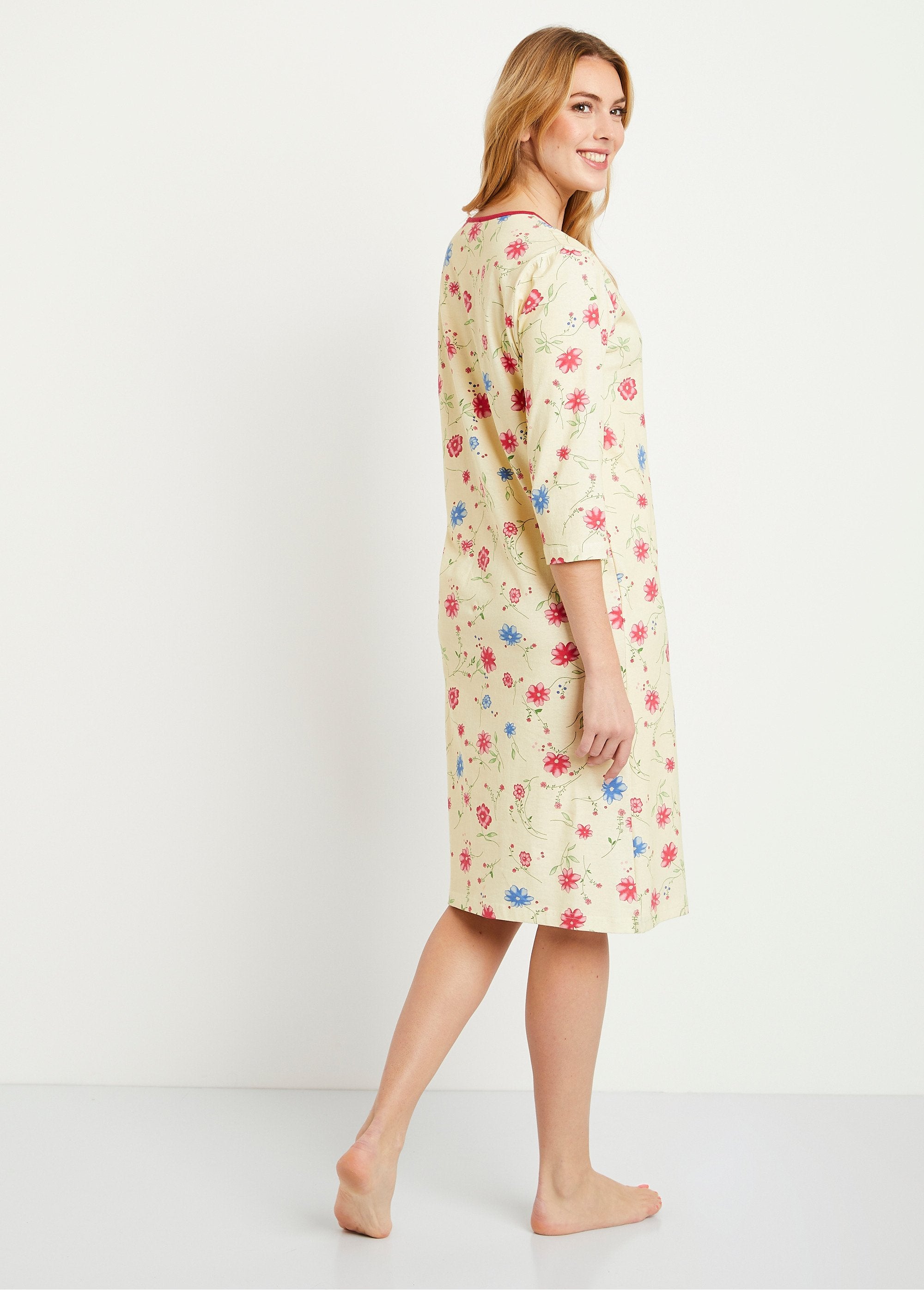 Floral_cotton_nightgown_3/4_sleeves_Yellow_background_DO1_slim