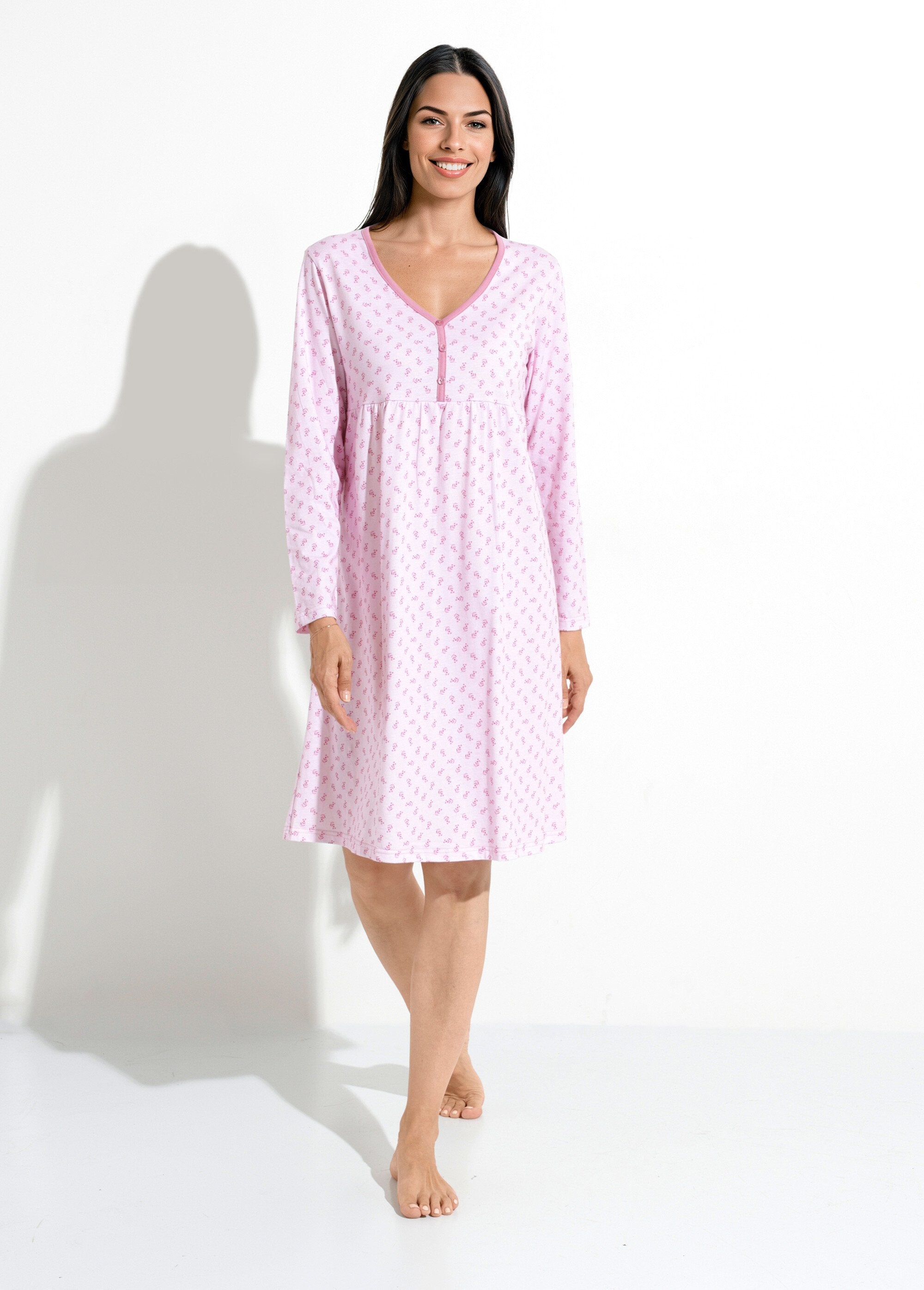 Chemise_de_nuit_longue_manches_3/4_coton_imprimé_Rose_FA1_slim