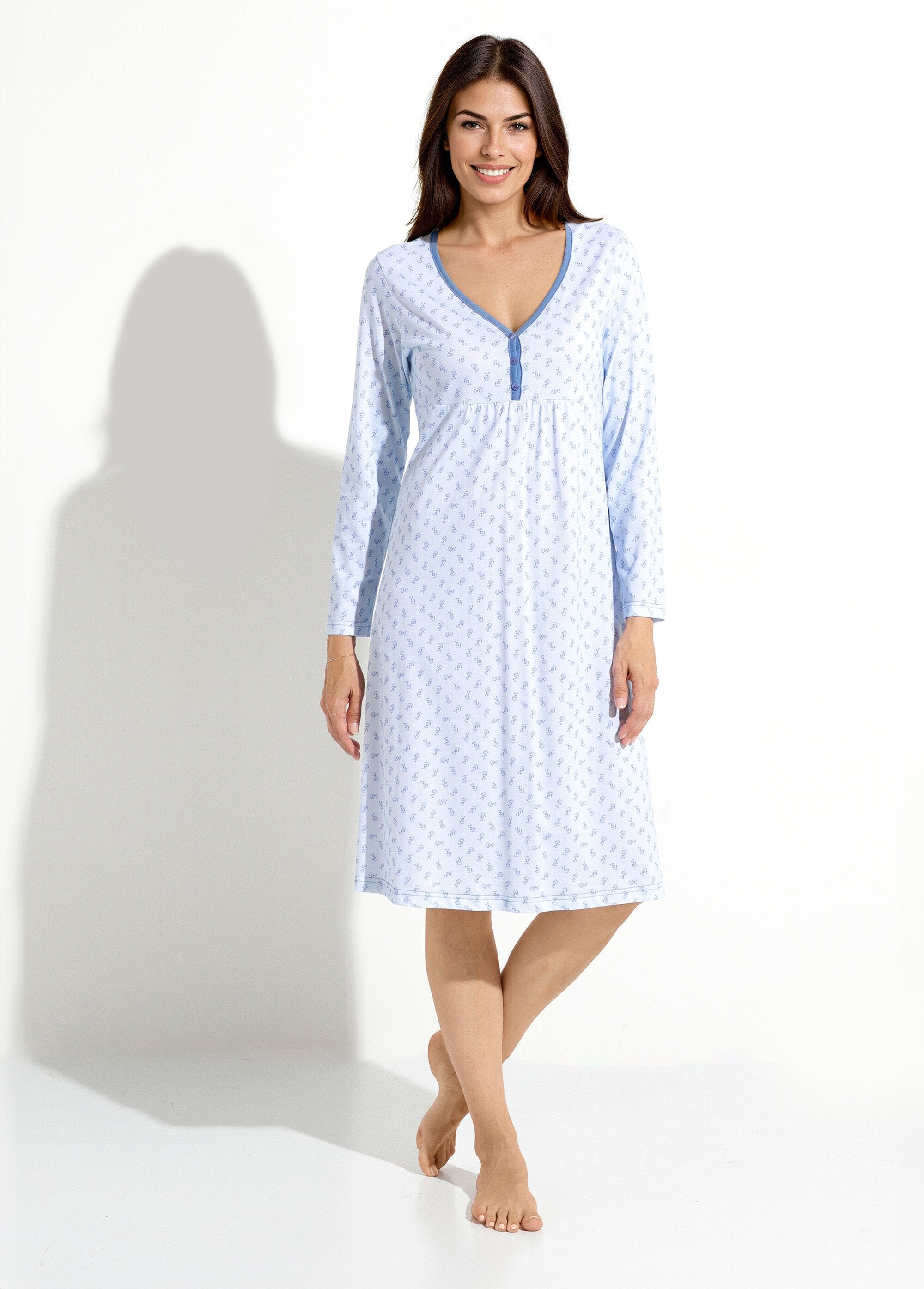 Chemise_de_nuit_longue_manches_3/4_coton_imprimé_Bleu_FA1_slim