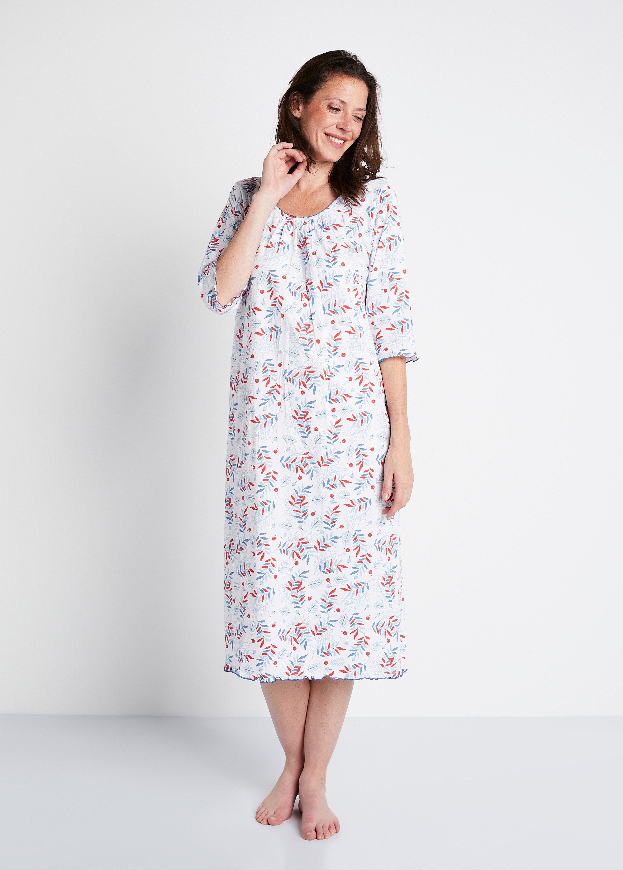 Long_3/4_sleeve_printed_cotton_nightgown_White_background_FA2_slim