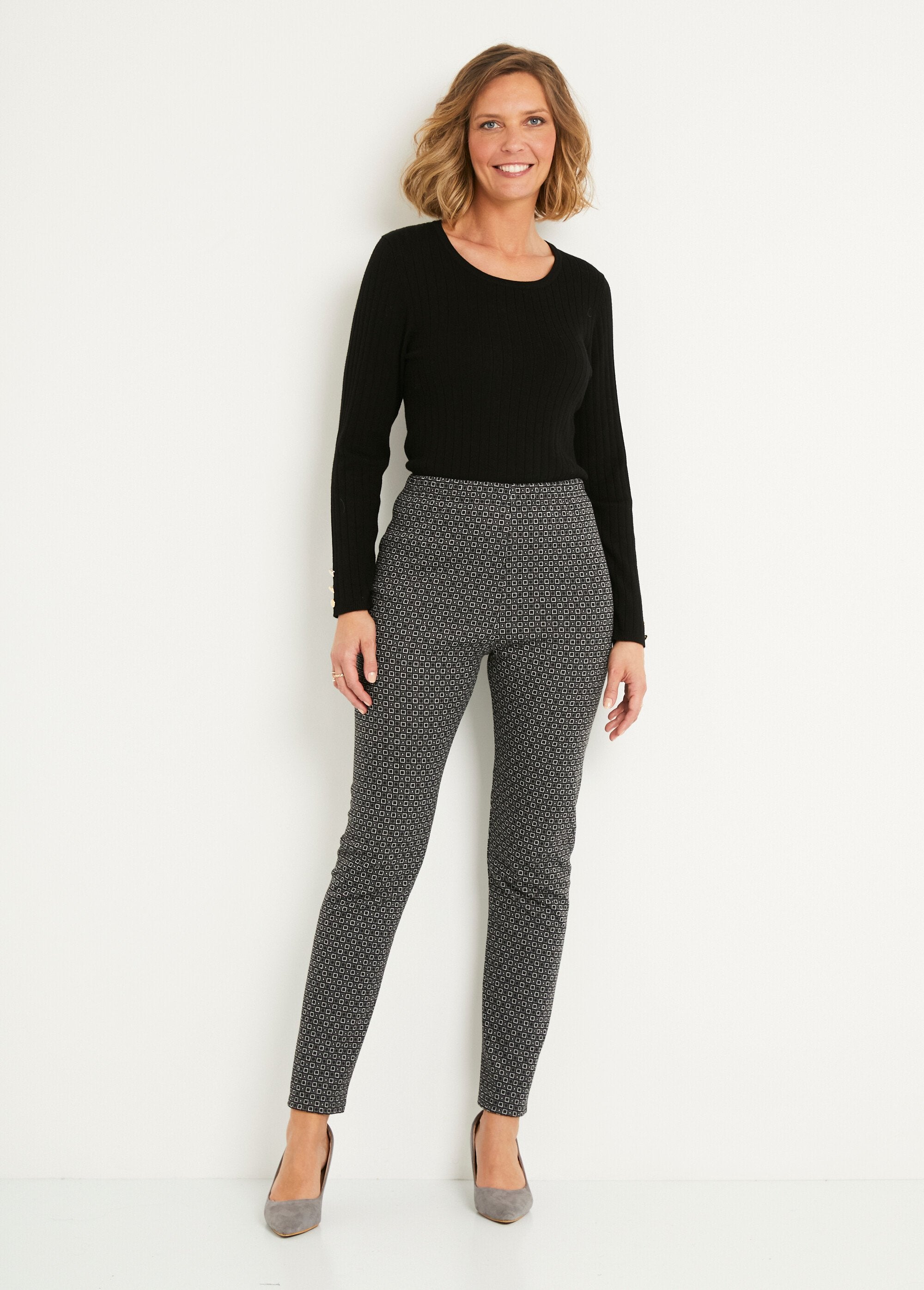 Pantalon_droit_fuselé_taille_élastiquée_jacquard_Gris_et_noir_SF1_slim