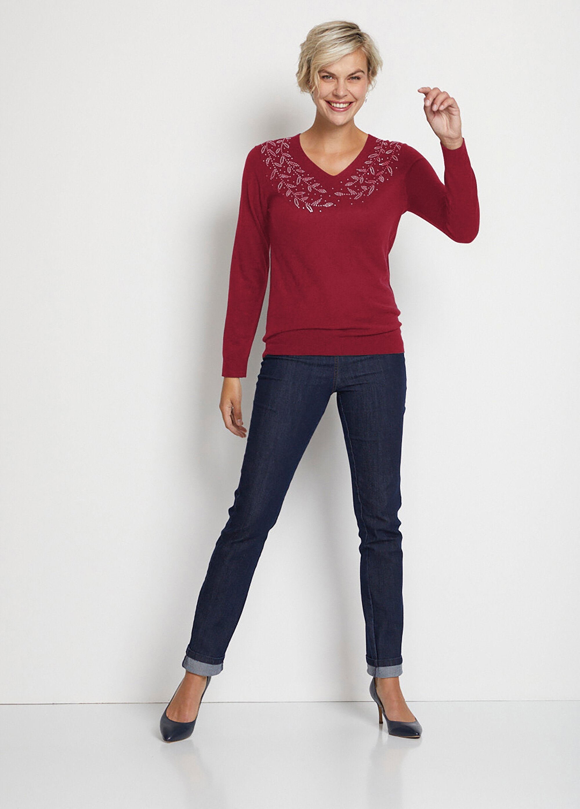 Long-sleeved_rhinestone_V-neck_sweater_Bordeaux_SF1_slim