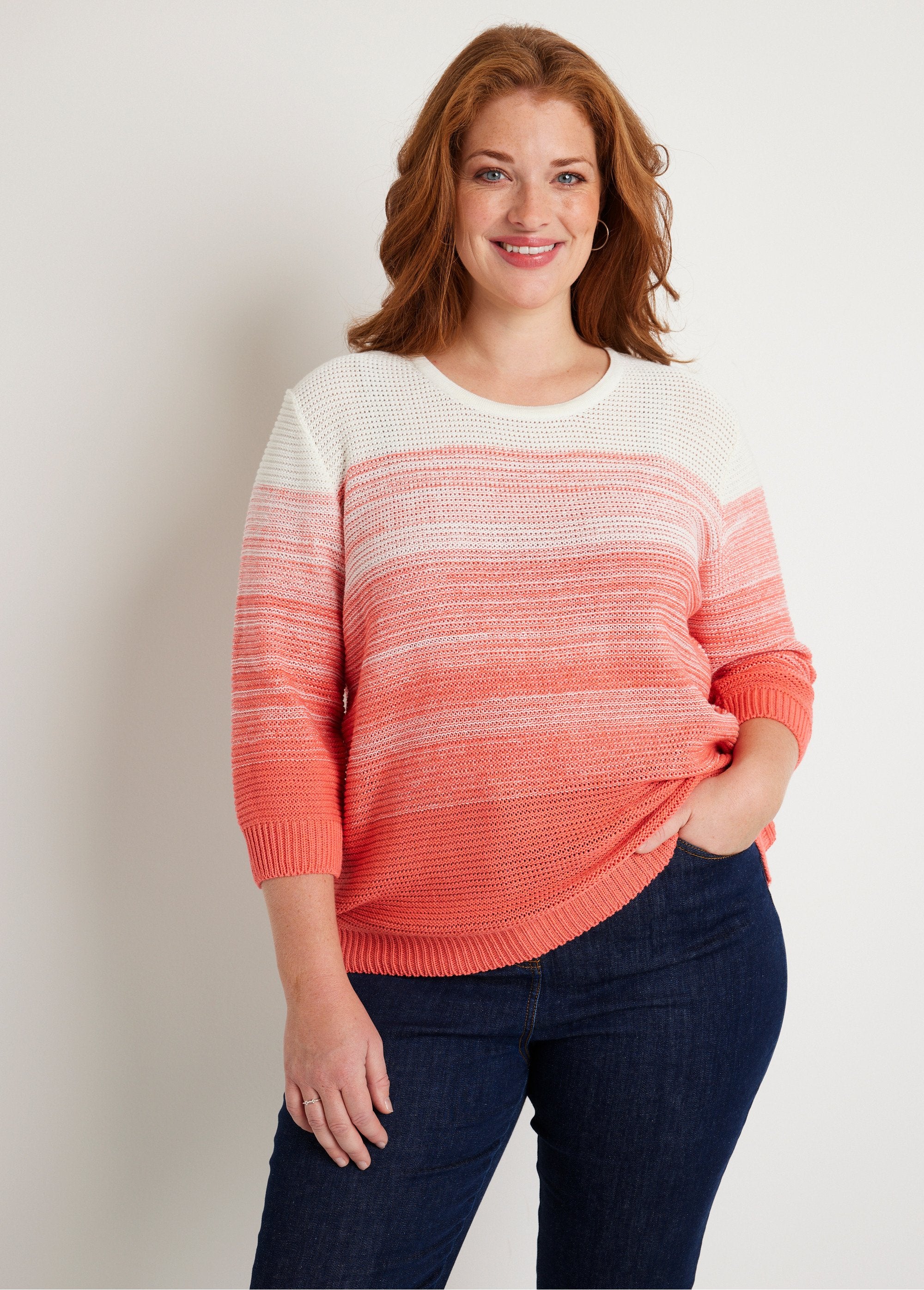 Soft_3/4_sleeve_cotton_sweater_White_and_coral_FA1_curvy