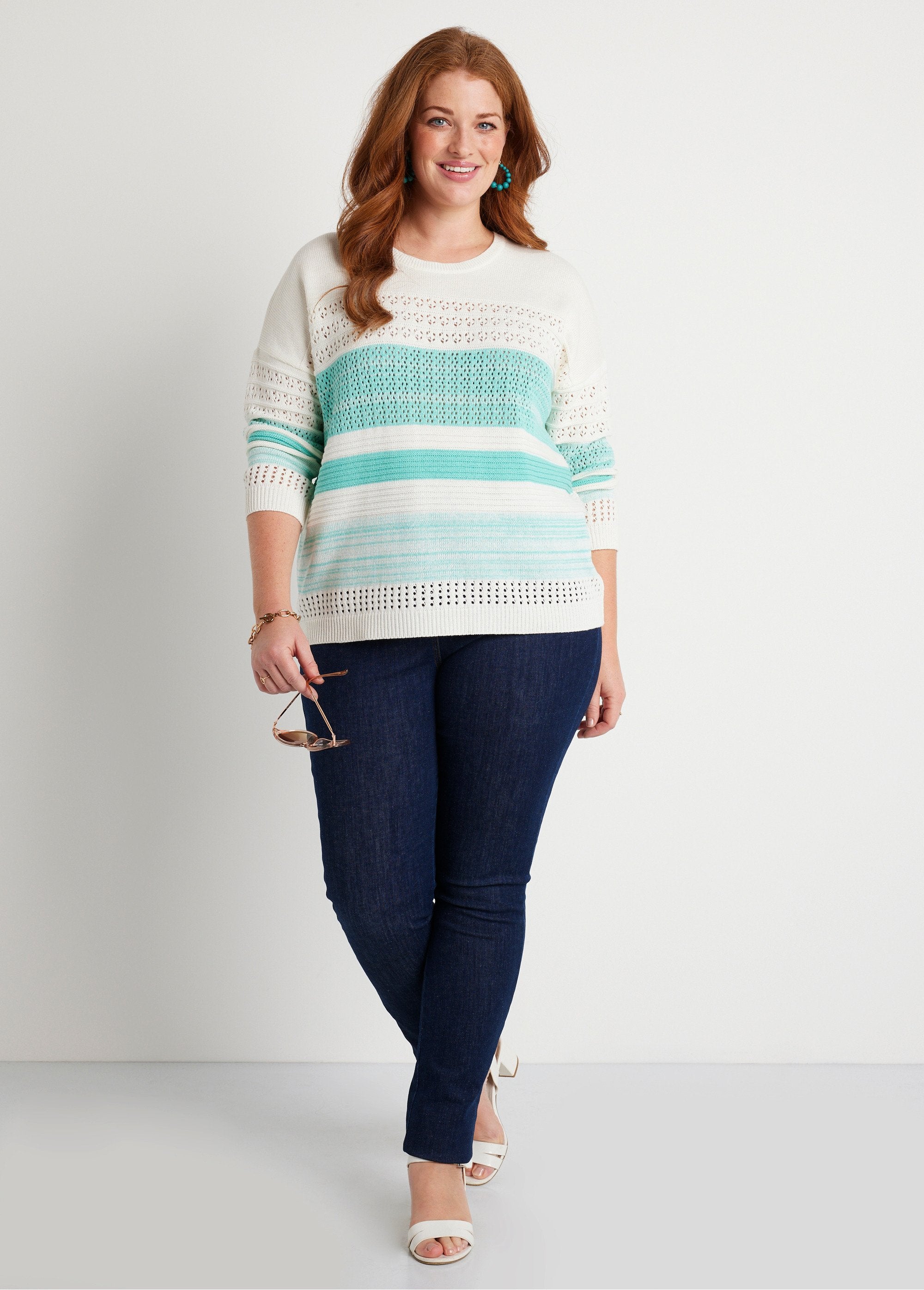 3/4_sleeve_openwork_cotton_blend_sweater_Aqua_SF1_curvy