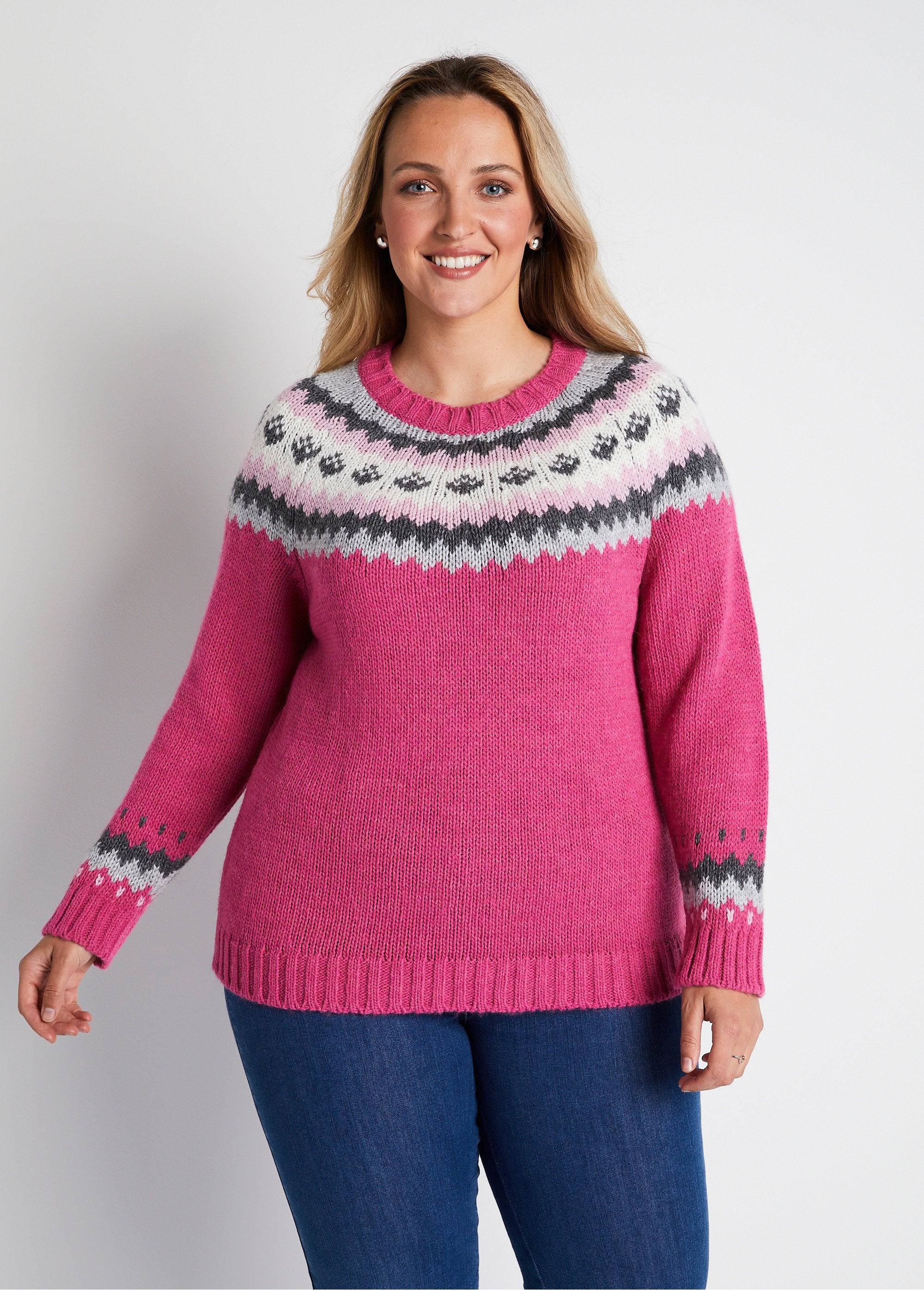 Plain_placed_jacquard_sweater_Fuchsia_and_gray_FA1_curvy