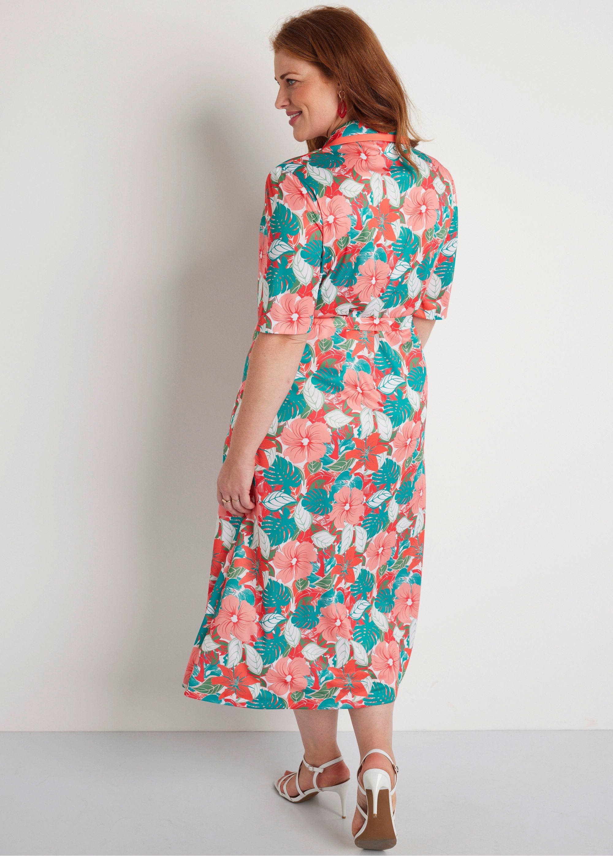 Floral_buttoned_mid-length_straight_dress_Green_and_pink_DO1_curvy