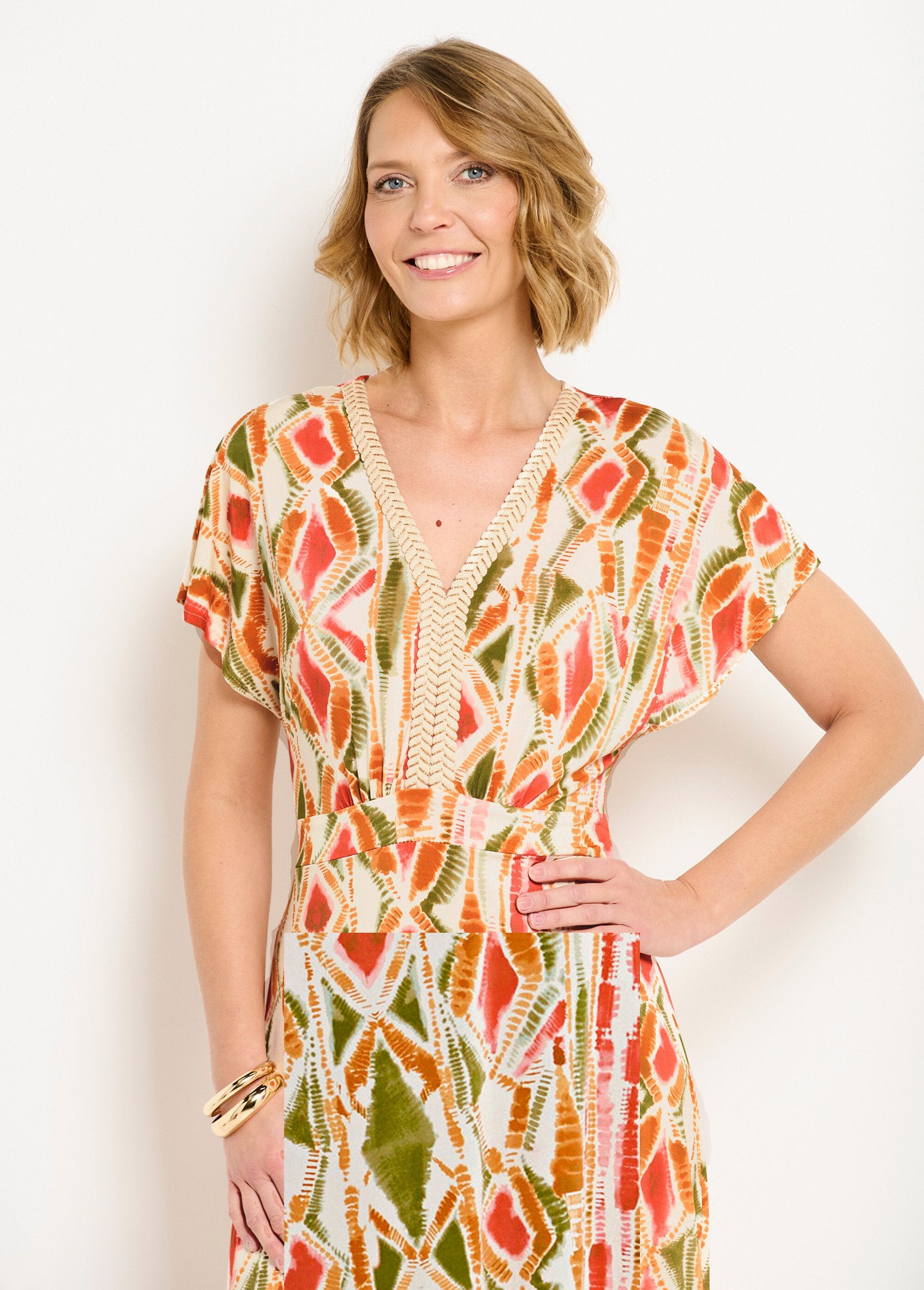 Printed_flared_V-neck_long_dress_Green_and_terracotta_DE1_slim