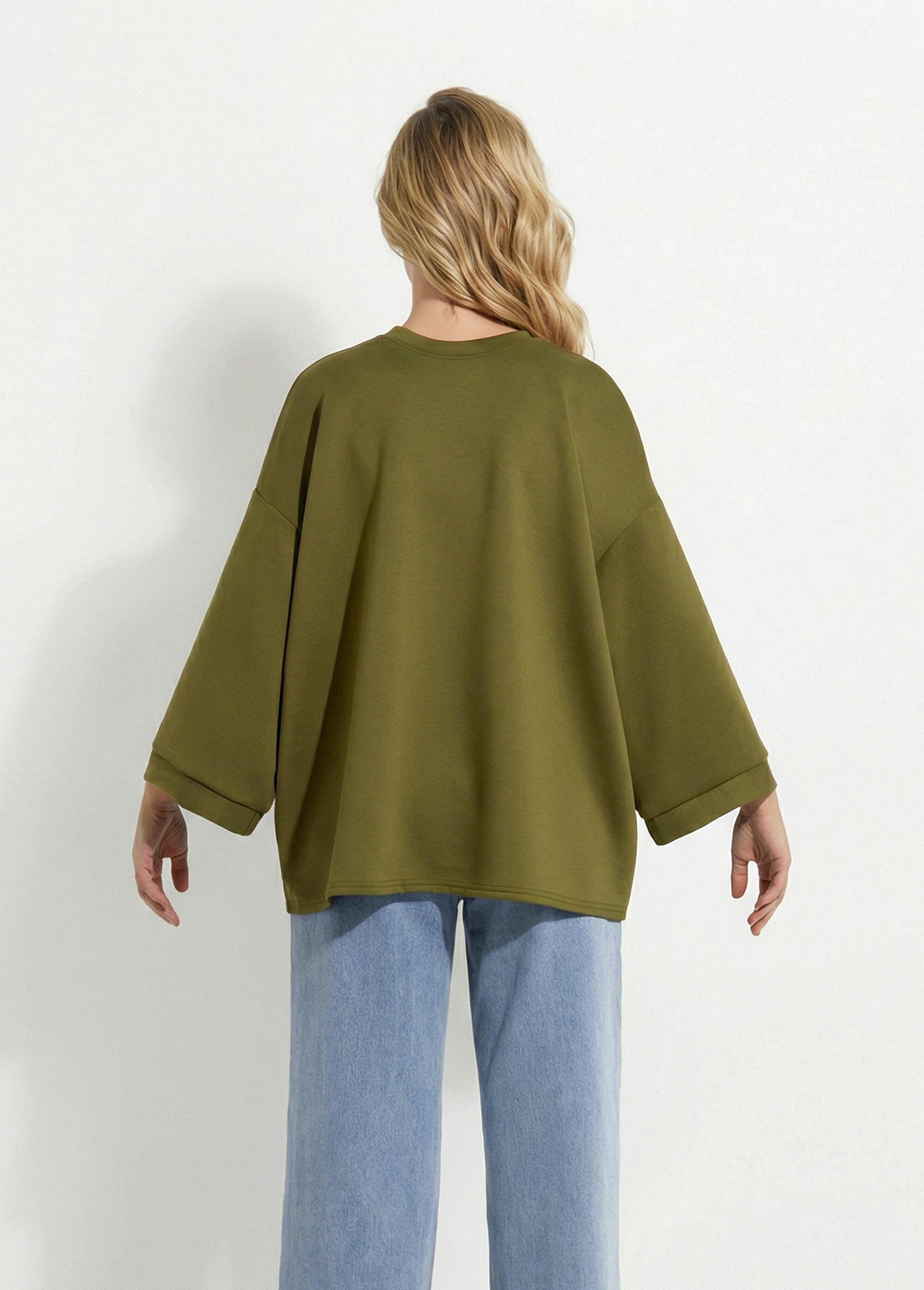 Sweat_shirt_large_col_rond,_manches_3/4_Vert_olive_DO1_slim