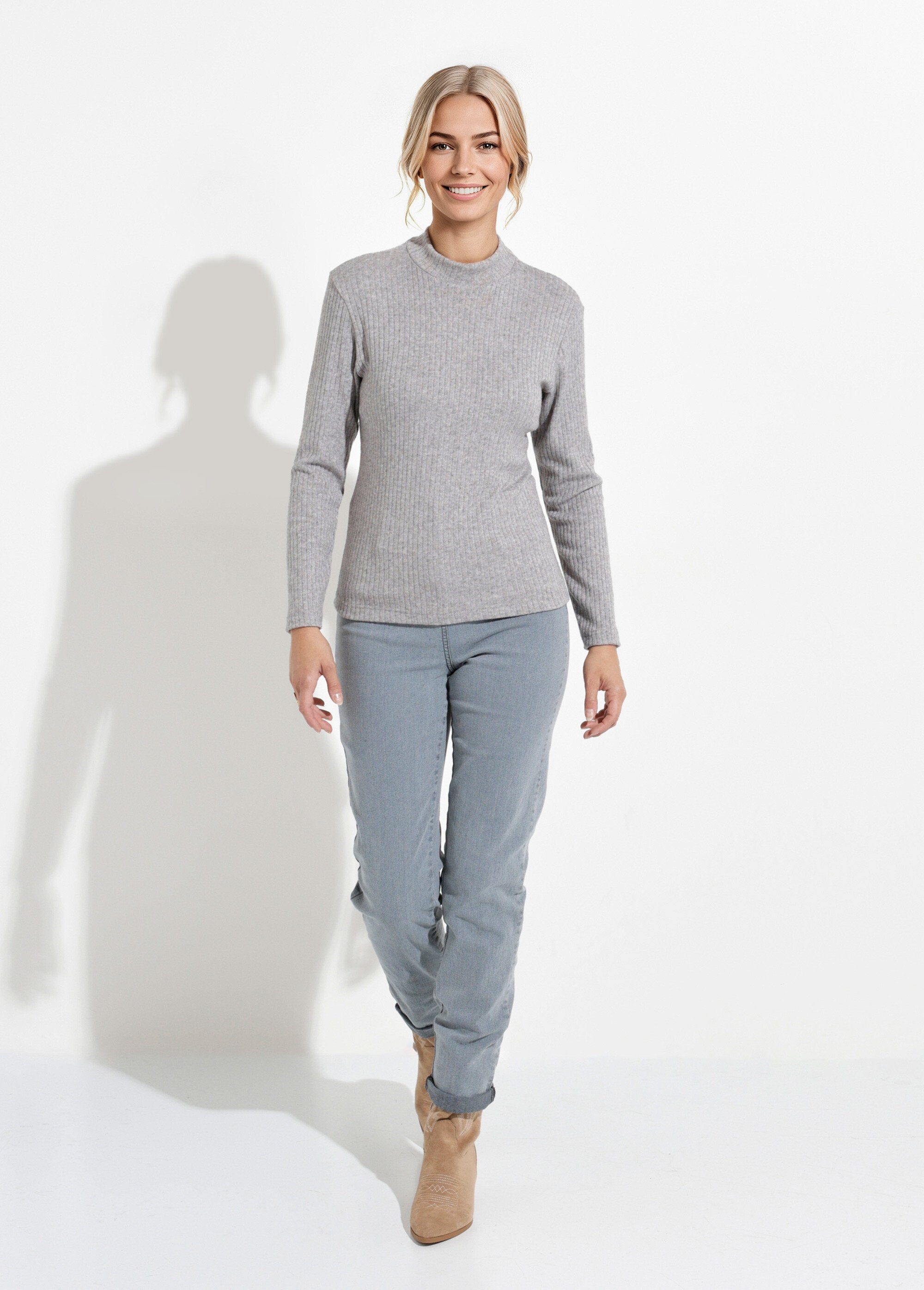 T-shirt_col_montant_maille_côtelée_manches_longues_Gris_chine_SF1_slim