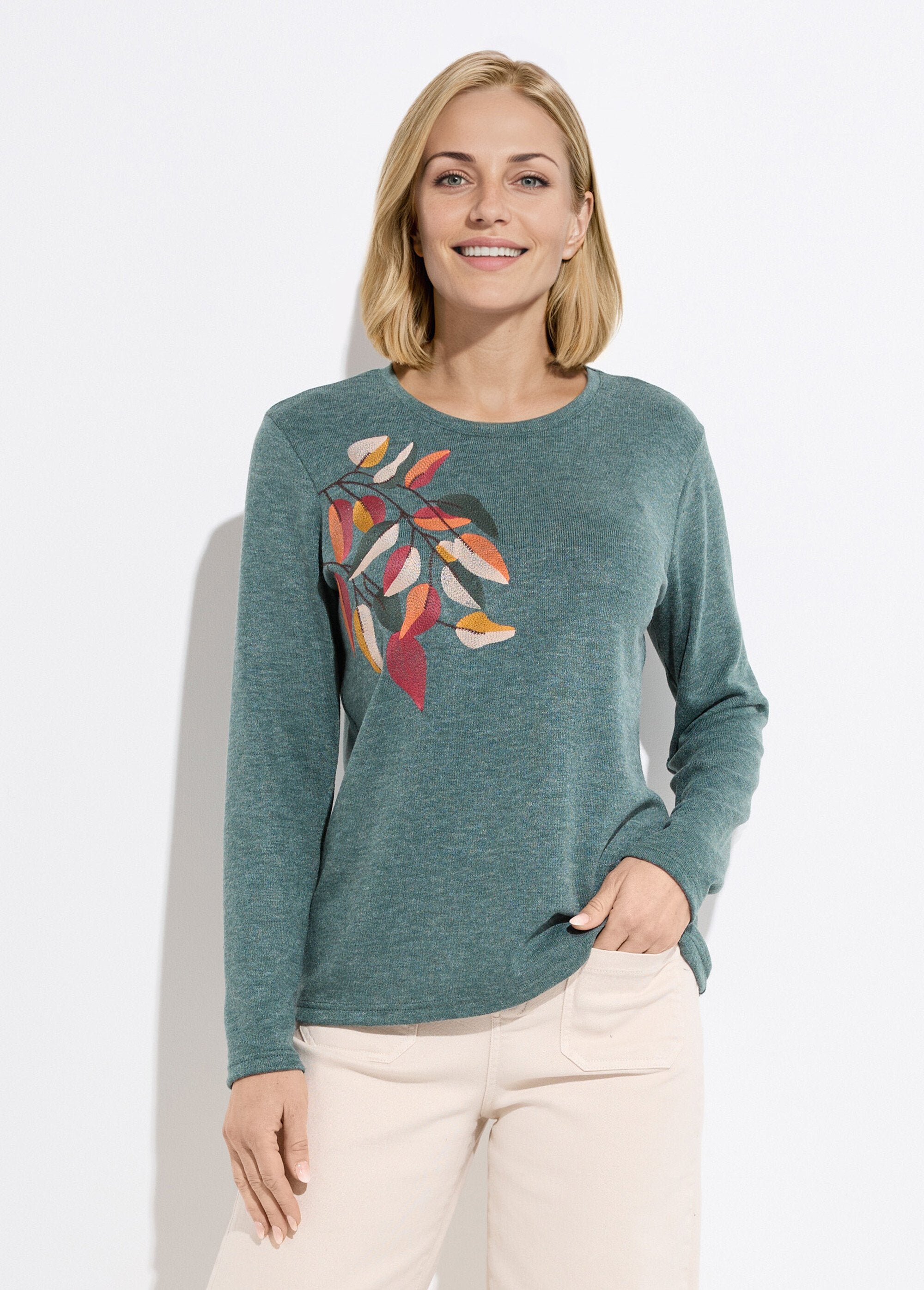 T-shirt_col_rond_uni_brodé_manches_longues_Vert_FA1_slim