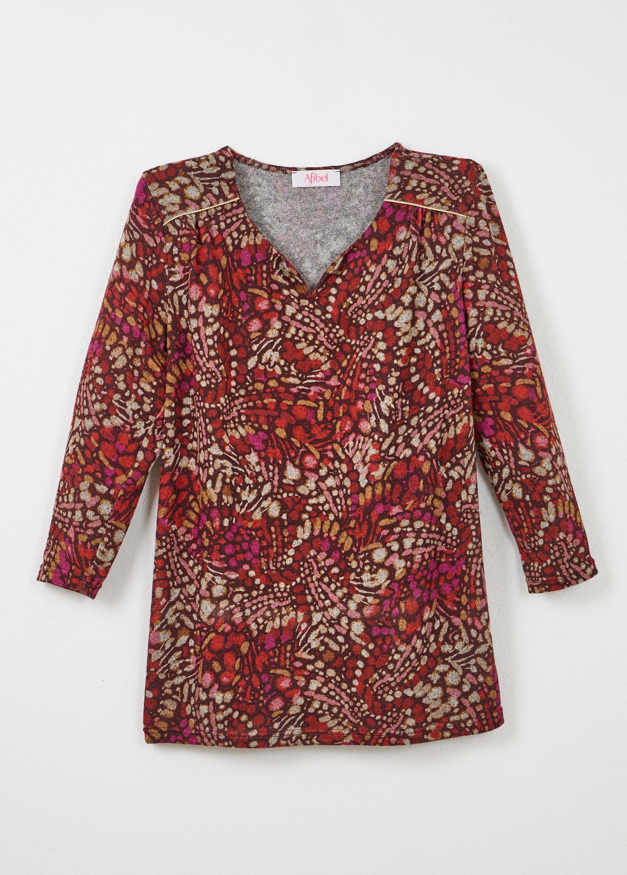 Long_flared_t-shirt_with_3/4_sleeves_and_tachist_print_Bordeaux_and_pink_AP1_slim