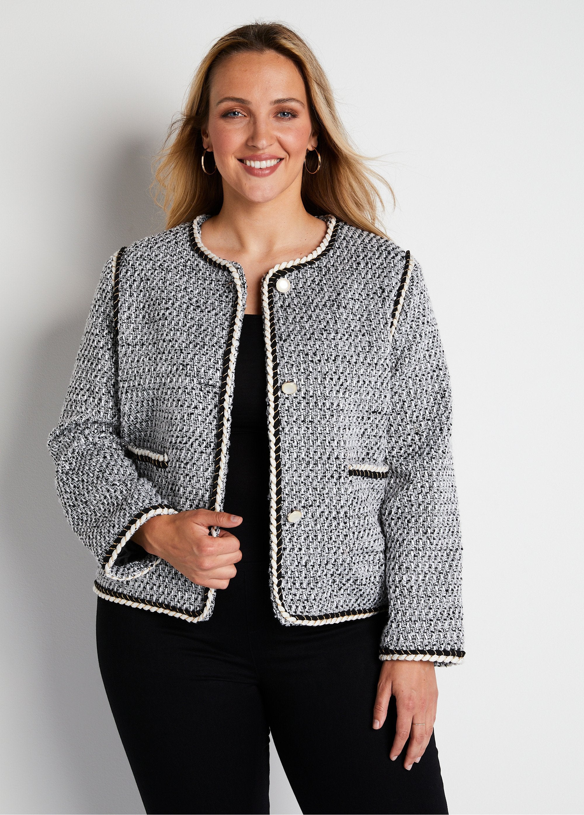 Short_collarless_jacket_in_tweed_effect_fabric_Black_and_white_FA1_curvy