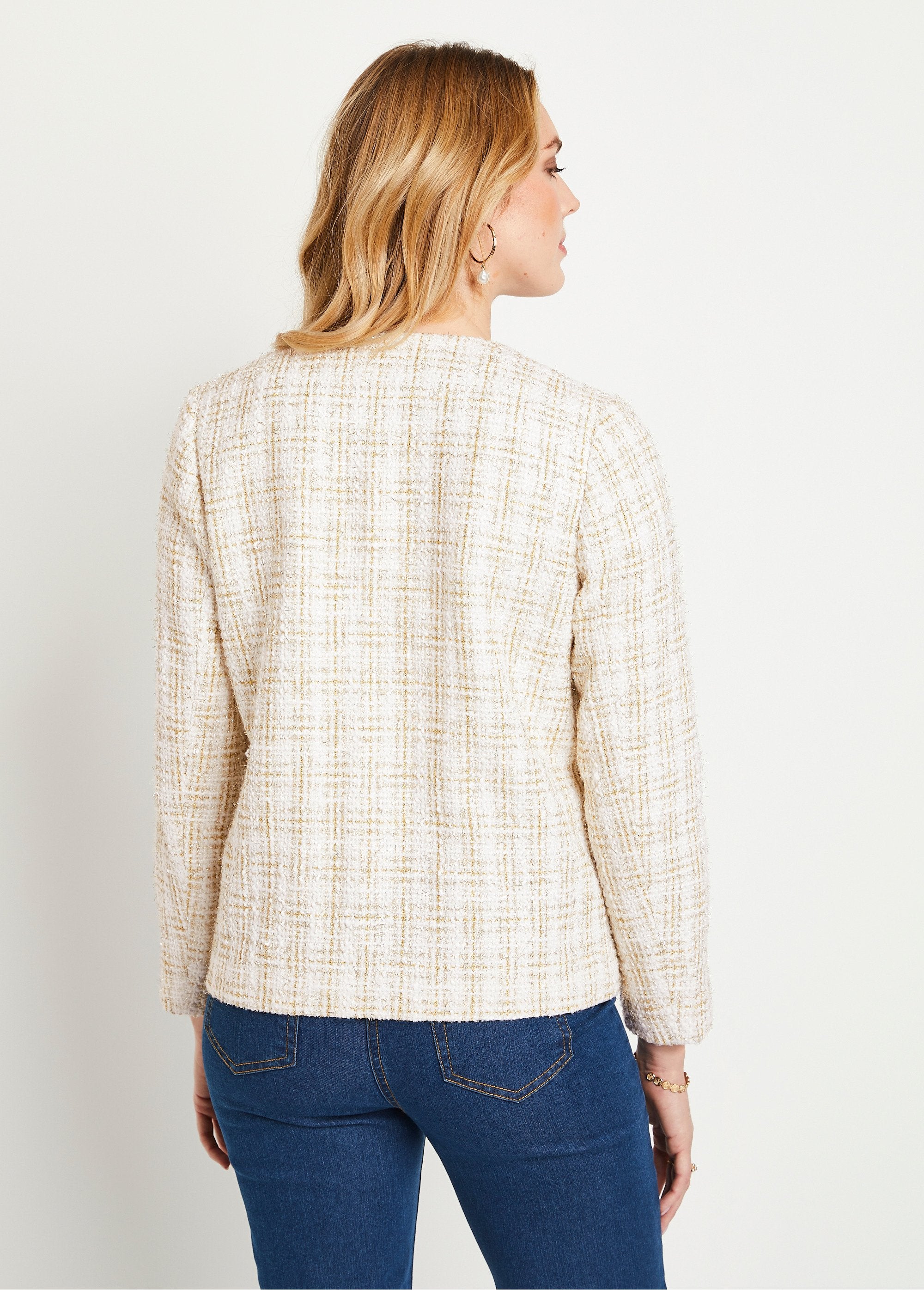 Short_collarless_jacket_in_tweed_effect_fabric_Natural_and_golden_DO1_slim